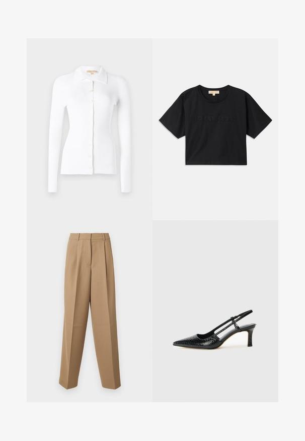 Vit ribbad cardigan med långa ärmar, knäppning fram och klassisk krage. Mjuk textur och figurnära design. Framträdande knappdetaljer.; Svart kortärmad t-shirt av bomull. Har rund halsringning och korta ärmar. "MICHAEL KORS" broderad i matchande färg framtill.; Beige skräddarsydda byxor med hög midja, veckad framdel och vida ben. Tyget verkar slätt med en lätt lyster.; Svart lackskin slingback-häl med spetsig tå, med texturerad ormskinnsprint, justerbar rem och en kort, texturerad blockklack.