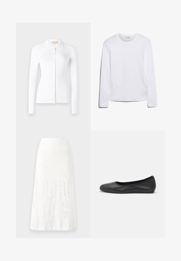 White ribbed cardigan with long sleeves, button-down front, and a classic collar. Soft texture and fitted design. Prominent button details.; Long-sleeve white T-shirt made of ribbed cotton, featuring a round neckline and a straight hem. Simple design with no patterns or accents.; Knit white midi skirt featuring a textured pattern with vertical lines and cut-out details near the hem. Elastic waistband. Soft material.; Black leather ballet flat with a rounded toe, smooth texture, minimal stitching detail, and a flexible sole design.