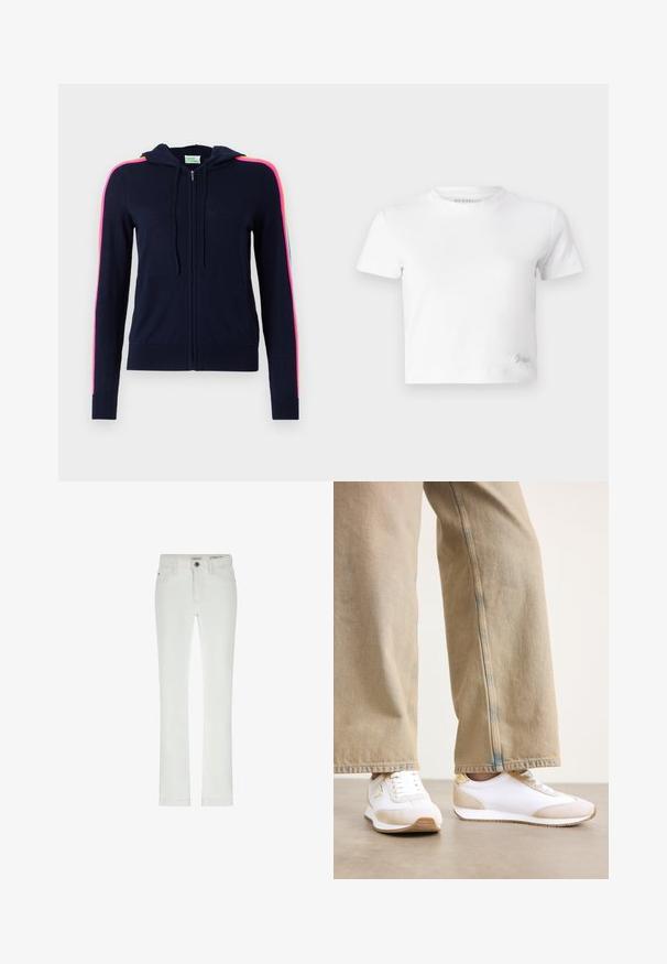 FROM FUTURE Kardigán - navy; Biely croptop vyrobený z hladkej bavlny, s vysokým výstrihom a krátkymi rukávmi. Malé vyšívané logo v dolnom rohu.; Biele džínsy so slim fit strihom, 5 vreckami a kontrastným prešívaním. Obsahujú zapínanie na gombík a nenápadnú značkovú etiketu na páse.; Biele tenisky s béžovým semišovým akcentom, plochým šnurovaním a gumovou podrážkou, skombinované so svetlobéžovými džínsami rovného strihu.