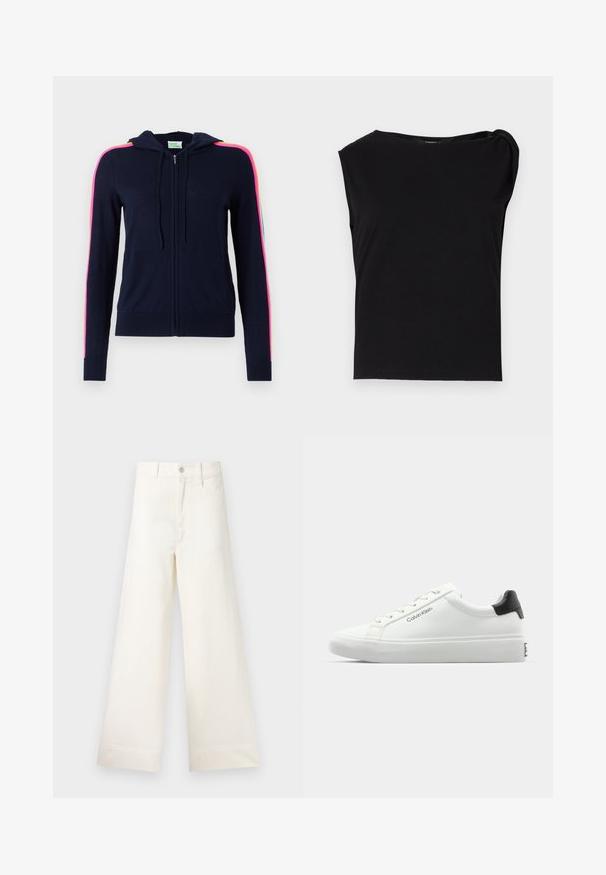 FROM FUTURE Kardigan - navy; Černý krátký rukáv top vyrobený z hladké látky. Má kulatý výstřih a drapovaný detail na ramenou. Jednoduchý, přiléhavý design.; Kalhoty s širokými nohavicemi v světle béžové bavlně. Mají vysoký pas, přední kapsy a rovný střih. Čistý lem bez vzorů.; Bílé tenisky s hladkým povrchem, černým akcentem na patě a šněrovacím designem. Na boku mají značku "Calvin Klein". Minimalistický styl.