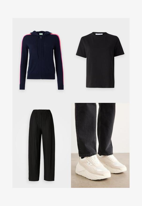 FROM FUTURE Kardigan - navy; Must have lühikeste varrukatega t-särk, mis on valmistatud pehmest puuvillast, ümmarguse kaelusega, lõdva sobivusega ja sileda tekstuuriga. Ei ole nähtavaid mustreid ega graafikat.; Mustad voodri laiad püksid elastse vöökoha ja vertikaalsete volangidega, millel on sile tekstuur.; Bež spordijalatsid tekstureeritud kangast ülemise ja valge kummitaldiga. Omab minimalistlikku disaini ja peent logo detailli külgedel.