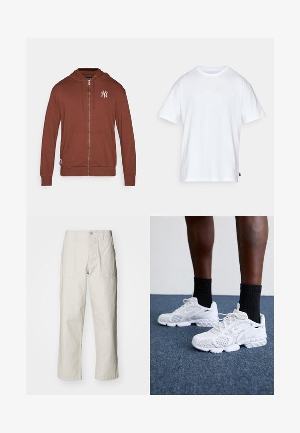 Felpa con zip marrone realizzata in tessuto morbido, dotata di tasca a marsupio, cappuccio con stringhe e logo bianco dei New York Yankees sul petto.; T-shirt bianco in cotone con maniche corte e colletto tondo. Presenta un piccolo e discreto logo Nike sul petto e un'etichetta laterale.; Pantaloni a gamba larga beige chiaro in cotone. Presentano tasche frontali e chiusura con bottone. Tessuto liscio con sottili linee verticali.; Scarpe da ginnastica bianche con tomaia in rete, dettagli testurizzati e suola imbottita. Abbinato a calzini neri a coste sopra la caviglia su una superficie in moquette blu.