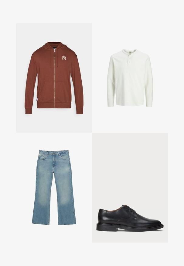 Bruine zip-up hoodie van zacht materiaal, met een kangoeroezak, een capuchon met trekkoorden en een wit New York Yankees-logo op de borst.; Witte lange mouwen henley shirt met drie knopen en een ronde halslijn, weergegeven op een effen witte achtergrond.; Lichtblauwe denim wijde jeans met vijf zakken, knoopsluiting en subtiele vervaging, met een ruwe zoom en stevige stiksels.; Zwart leren dresschoen met een ronde neus, vetersluiting en een lage gestapelde hak. Gladde textuur met minimale stiksels.