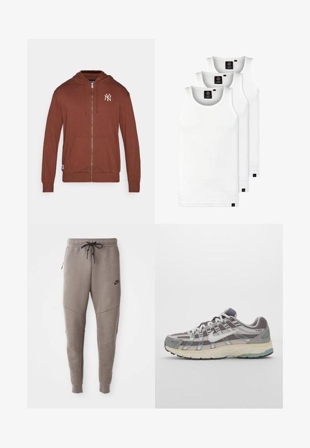 Felpa con zip marrone realizzata in tessuto morbido, dotata di tasca a marsupio, cappuccio con stringhe e logo bianco dei New York Yankees sul petto.; Tre canotte bianche a coste in cotone. Presentano un colletto rotondo e piccole etichette nere vicino all'orlo. Disponibile in diverse taglie.; Pantaloni sportivi Nike grigi con cintura regolabile, gambe affusolate, tasche laterali e dettagli di cucitura distintivi. Tessuto morbido e texture.; Scarpa sportiva grigia con tomaia in mesh e suede, dettagli bianchi, suola ammortizzata e un design distintivo con elementi riflettenti.