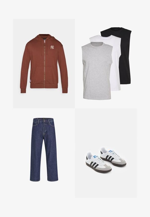 Brun zip-up hettegenser laget av mykt stoff, med kengurulomme, hette med snor og en hvit New York Yankees-logo på brystet.; Tre sleeveless t-skjorter i grått, hvitt og svart. Mykt bomullsmateriale med rund hals og avslappet passform. Enkel design, uten mønstre.; Mørkeblå denim jeans med rett snitt, fem lomme-design, metallknapplukking og kontraststing, med en subtil tekstur.; Sportssko med en hvit skinnoverdel, grå semsket tå og tre svarte striper. Har en blå logo på tungen og en teksturert gummisåle.