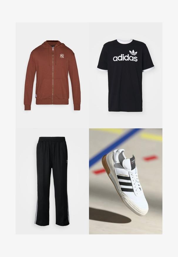 Haut à zip marron fabriqué en tissu doux, doté d'une poche kangourou, d'une capuche avec cordons de serrage et d'un logo blanc des New York Yankees sur la poitrine.; T-shirt en coton noir avec encolure ras du cou blanche et poignets de manches blancs. Présente un grand logo "adidas" blanc et un emblème de trèfle sur le devant.; Pantalons de sport noirs avec une taille élastique, ornés de rayures blanches sur les côtés et d'un petit logo. Le matériau semble doux et léger.; Baskets Adidas Mundial Goal blanches avec des rayures noires et une semelle en caoutchouc, montrées en l'air au-dessus d'un sol de terrain de sport avec des lignes colorées.