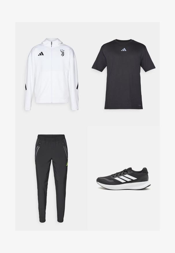 Witte sportjack met een rits aan de voorkant, capuchon en zwarte accenten, voorzien van Adidas-strepen en een Juventus-logo op de borst.; Zwarte sportt-shirt met korte mouwen, gemaakt van lichtgewicht stof, met een subtiele reflecterende Adidas-logo op de borst.; adidas Performance REAL MADRID TIRO25 PRO VIS TECH TRAVEL PANT - Fanartikel - black/lucid lemon; Zwart sportief schoen met ademend mesh bovenwerk, witte accenten en een gevoerde zool. Beschikt over een logo met drie strepen aan de zijkant.