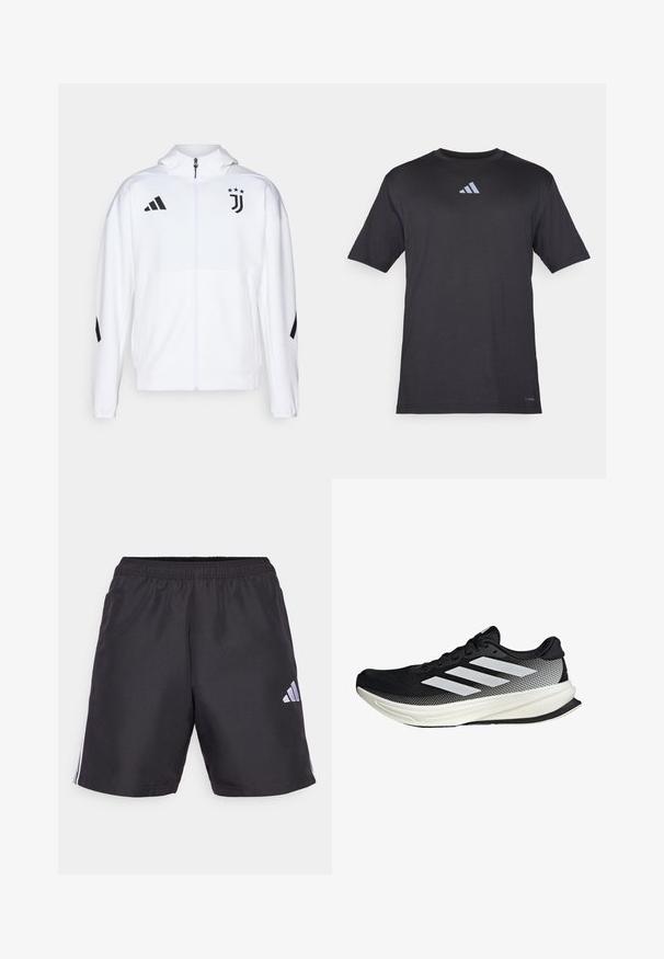 Bijela sportska jakna s patentnim zatvaračem sprijeda, kapuljačom i crnim detaljima, s Adidas trakama i Juventus logom na prsima.; Crna kratka atletska majica s kratkim rukavima, napravljena od laganog materijala, s diskretnim reflektivnim Adidas logotipom na prsima.; Crne atletske kratke hlače s elastičnom pojasevima, koje imaju tri bijele vertikalne pruge sa svake strane i mali bijeli logo na donjoj lijevoj strani.; Crna atletska cipela s mrežastim dizajnom, koja ima bijele pruge, zaobljeni vrh i teksturiranu potplate za prianjanje i potporu.