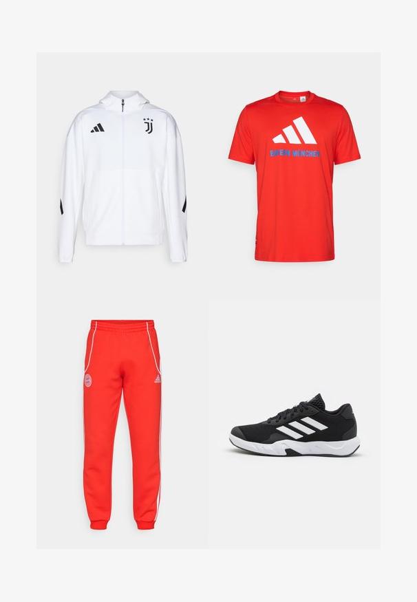 Biela športová bunda so zipsom na prednej strane, kapucňou a čiernymi akcentmi, s pruhmi Adidas a logom Juventusu na hrudi.; Červené bavlnené tričko s bielym logom s tromi pruhmi a textom "BAYERN MÜNCHEN" v modrej farbe. Okrúhly výstrih a krátke rukávy, jednoduchý dizajn.; Červené tepláky s elastickým pásom, bielymi postrannými pruhmi a logom na boku a na spodnej časti nohy. Vyrobené z mäkkej tkaniny s rebrovanými manžetami.; Čierne športové topánky s textúrovaným sieťovinovým zvrškom, bielymi akcentovými pruhmi, polstrovanou podrážkou a spevneným pätou pre podporu.
