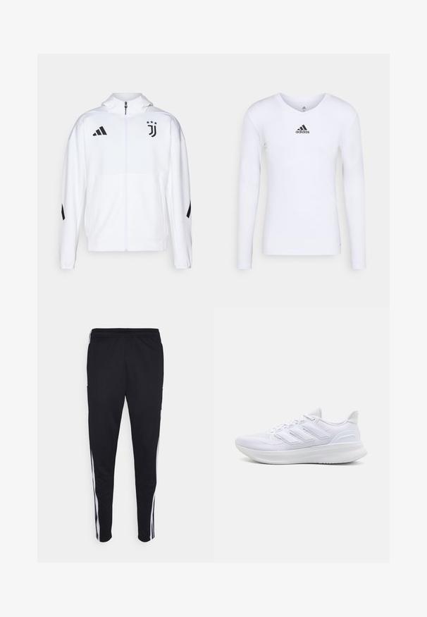 Giacca sportiva bianca con zip frontale, cappuccio e dettagli neri, con strisce Adidas e logo della Juventus sul petto.; Maglietta atletica bianca a maniche lunghe realizzata in materiale morbido con logo Adidas nero sul petto; design a V e forma aderente.; Pantaloni sportivi neri con una vestibilità rilassata, con strisce bianche sui lati, vita con cordoncino e due tasche laterali. Realizzati in tessuto morbido.; Scarpe sportive bianche con tomaia in mesh texturato, suola ammortizzata e supportiva, e design a tre strisce sul lato.
