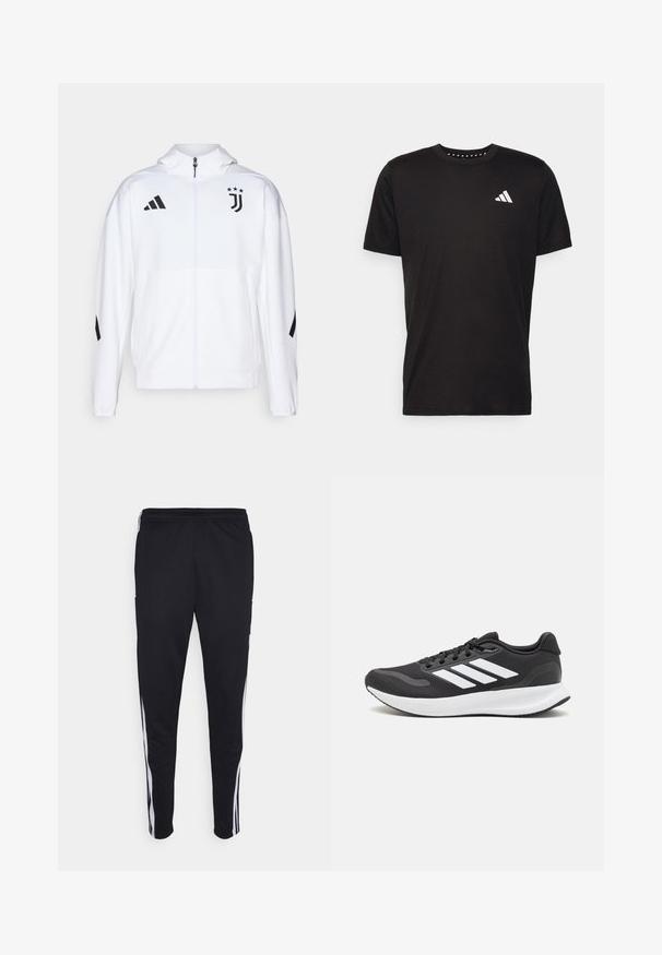 Chaqueta deportiva blanca con cremallera frontal, capucha y acentos negros, con franjas de Adidas y un logo de la Juventus en el pecho.; Camiseta de algodón negra con mangas cortas, cuello redondo y un logo blanco en el lado izquierdo del pecho. Textura suave y diseño sencillo.; Pantalones deportivos negros con un ajuste relajado, que cuentan con franjas laterales blancas, una cintura con cordón y dos bolsillos laterales. Hechos de tela suave.; Zapatilla deportiva negra con parte superior de malla transpirable, acentos en blanco y una suela acolchada. Presenta el logo de tres rayas en el costado.