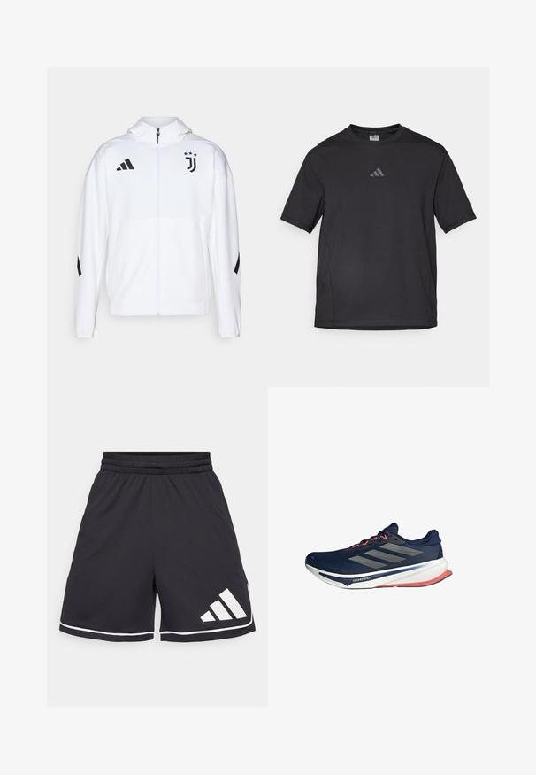 White sports jacket with a zippered front, hood, and black accents, featuring Adidas stripes and a Juventus logo on the chest.; Black athletic t-shirt made of breathable material, featuring short sleeves, a round neck, and a reflective logo on the chest.; Black athletic shorts with elastic waistband, white accents, and an angled three-stripe logo on the lower left side. Textured fabric.; Navy running shoe with mesh upper, three silver stripes, red accents on laces and outsole, cushioned white midsole, lightweight design.