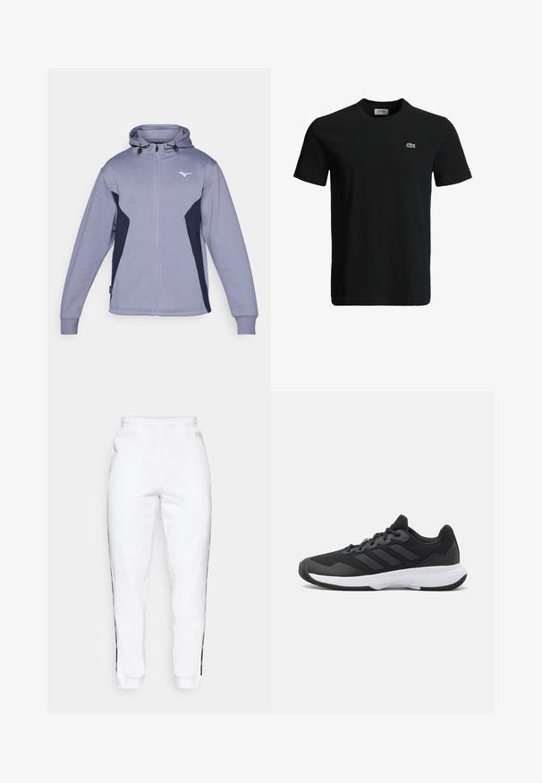 Lys lilla zip-up hettegenser med marineblå detaljer, snorhette og lange ermer. Har en liten logo på brystet og ribbestrikkede mansjetter.; Svart bomulls T-skjorte med rund hals, korte ermer, og en liten grønn krokodille-logo på venstre bryst. Glatt tekstur, uformelt design.; Hvite joggebukser med elastisk midje, med svarte sidestriper og mansjetter. Laget av myk stoff med en glatt tekstur.; Svart idrettssko med teksturert overdel, tre horisontale striper, og en hvit såle med mønstret gummibunn. Lettvekts og strømlinjeformet design.