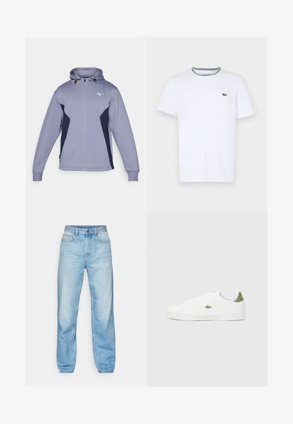 Light purple zip-up hoodie with a navy blue accent, drawstring hood, and long sleeves. Features a small logo on the chest and ribbed cuffs.; White cotton short-sleeve T-shirt with a ribbed collar featuring green and black stripes; small green embroidered logo on left chest.; Light blue jeans made of denim, featuring a straight cut, five-pocket design, and a visible button fly with contrasting stitching.; White sneakers with a smooth texture, featuring a green accent at the heel and a small embroidered crocodile logo on the side.