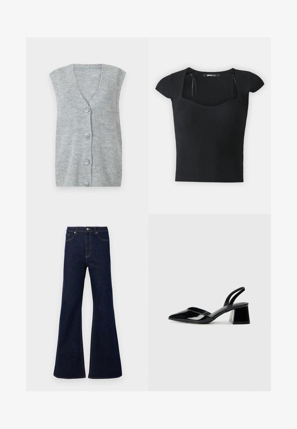 Harmaa neulottu ilman hihoja oleva kardigan, jossa on V-pääntie, viiden napin etulukko ja ribatumpi rakenne. Kangas näyttää pehmeältä ja kevyeltä.; Musta ribbed neulepaita lyhyillä hihoilla, nelikulmaisella kaula-aukolla ja tekstuurilla somistettu yläosa. Tunniste näkyvissä kauluksessa.; Tummansininen levenevä farkkuhousut, joissa on korkea vyötärö, etutaskut ja kultaiset ommellekoristeet. Suora tekstuuri ja perinteinen leikkaus.; Mustat patentoitu nahkakengät, joissa on säären takaosa ja terävä kärki, sekä geometrinen palikkakorko. Sisältää tyylikkään, minimalistisen muotoilun ja sileän pinnan.