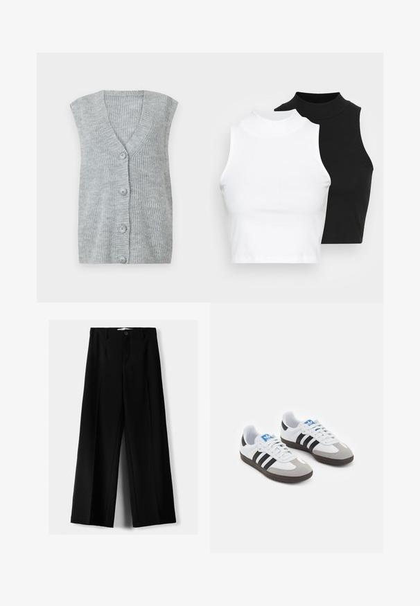 Gray knit sleeveless cardigan with a v-neck, five button front closure, and ribbed texture. The fabric appears soft and lightweight.; Two sleeveless ribbed turtleneck tops in black and white, featuring a fitted design and smooth texture, with cropped length.; Black wide-leg trousers made of lightweight fabric, featuring a front button closure and flat front, with neatly stitched hems.; Sport shoes with a white leather upper, gray suede toe, and three black stripes. Features a blue logo on the tongue and a textured rubber sole.