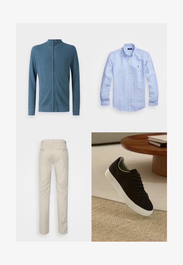 Kék zipzáros pulóver magas gallérral, bordázott struktúrával és hosszú ujjakkal. Simogatja a bőr kiszabott anyaga minimális részletezéssel.; Kék és fehér csíkos, hosszú ujjú pamut ing, gombos gallérral, elől gombokkal és egy kis hímzett logóval a mellkason.; Beige nadrág sima felülettel, egyenes szabással, két gombos hátsó zsebbel és normál derékrésszel.; Fekete sneakers fehér talppal lebeg egy bézs textúrájú szőnyeg felett, egy kerek fából készült asztal közelében, rajta egymásra pakolt könyvekkel.