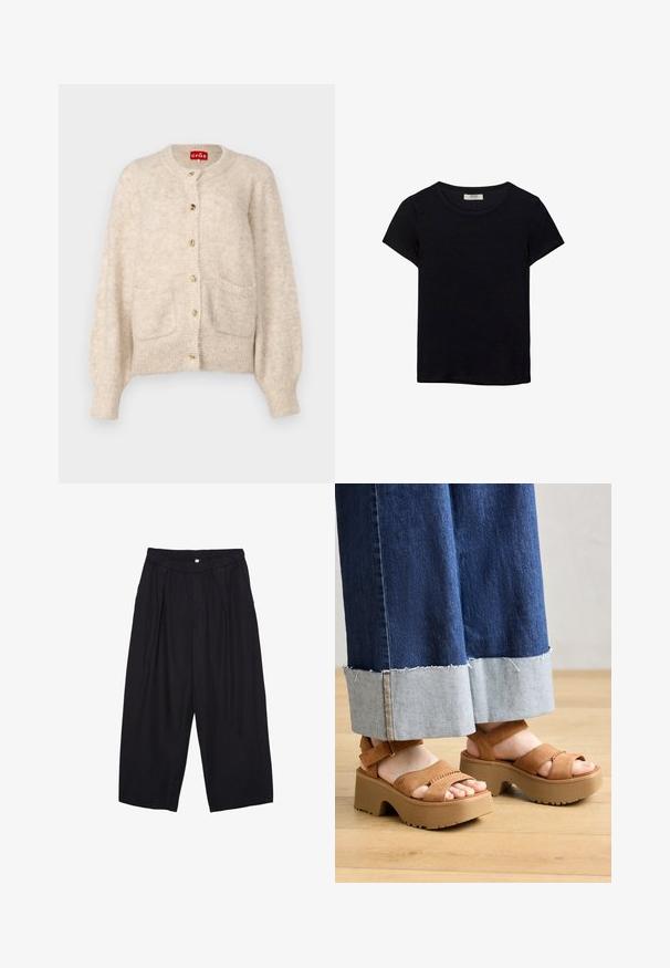 Cras - Kardigan; Czarna koszulka z krótkim rękawem, wykonana z miękkiego materiału. Posiada klasyczny okrągły dekolt i luźny krój. Brak widocznych wzorów lub akcentów.; Czarne spodnie culotte z poliestru z elastycznym pasem, dwoma fałdami z przodu i luźnym krojem. Brak widocznych wzorów lub elementów metalowych.; Brązowe zamszowe sandały na platformie z podwójnymi paskami, posiadające teksturowaną podeszwę oraz grubą, modelowaną podeszwę. Noszone z dżinsowymi spodniami.