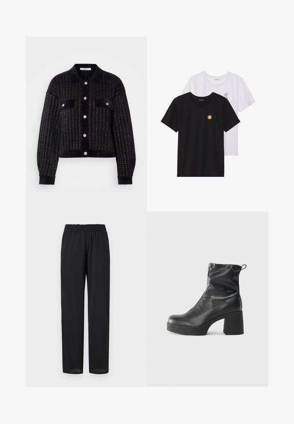Jachetă scurtă neagră din material texturat, cu închidere cu butoane, două buzunare pe piept și butoane aurii.; Tricouri alb-negru, cu gât rotund, mâneci scurte. Cămășile negre au broderie cu soare galben; cele albe au un accent cu lună crescută violet.; Pantaloni negri, ușori, cu o croială relaxată, având un tiv elastic și o textură fină. Picioarele drepte se îngustează ușor la tiv.; Bocanci negri de glezna din piele netedă, cu fermoar lateral, toc texturat și masiv, și design cu vârf rotund.