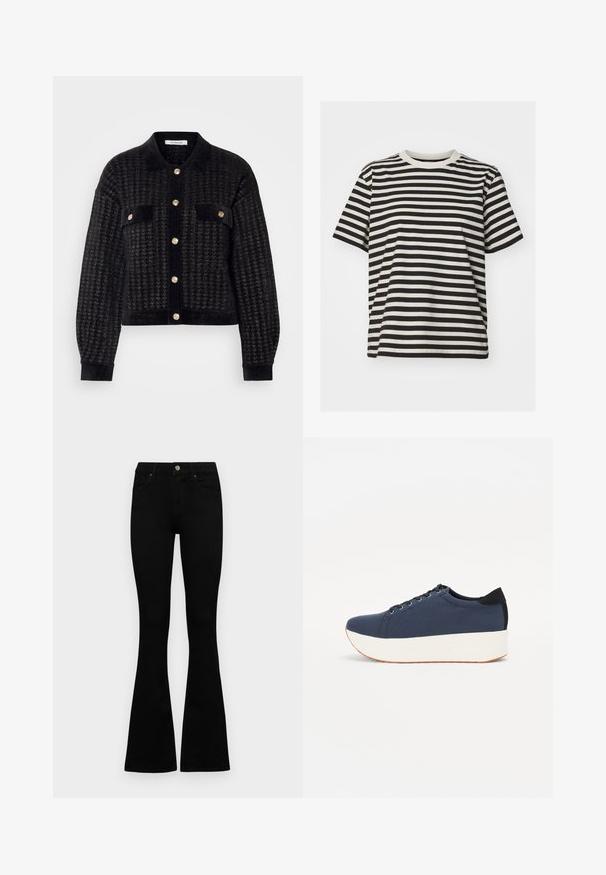 Fekete rövidített dzseki texturált anyagból, gombos elülső részével, két mellzsebével és aranyszínű gombokkal.; Csíkos póló puha anyagból, vízszintes fekete és krémszínű csíkokkal, kerek nyakkivágással, rövid ujjal és laza fazonnal.; Fekete, magas derekú farmernadrág gomb- és cipzárzárral, elülső zsebekkel és harangszárral, laposan egy fehér háttérre terítve.; Sötétkék sportcipő, texturált szövet felsőrész, fehér platform talp, lekerekített orr és fekete sarok akcentussal. Hat fűzőlyuk található rajta.
