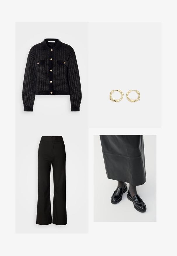 Melnā īsā jaka, kas izgatavota no teksturēta auduma, ar pogu priekšpusi, diviem krūšu kabatām un zelta toņa pogām.; Melna bezpiedurkņu augstais kakls, izgatavots no gludas auduma. Pielāgotā forma ar augstu kaklu un taisnu apakšmalu, minimālistisks un vienkrāsains.; Melni platlegu bikses ar gludu tekstūru, augsto vidukli un tīru dizainu. Nav redzamu kabatu vai rotājumu.; Melni ādas loafers ar gludu apdari, ar dekoratīvu jostu, apaļu pirkstu un teksturētu zoli. Valkāti ar garu melnu ādas svārku.; Zelta riņķveida auskari ar tekstūru un neregulāru formu. Iekļauj bezšuvju aizdari un pulētu virsmas apdari, uzsverot mūsdienīgu dizainu.