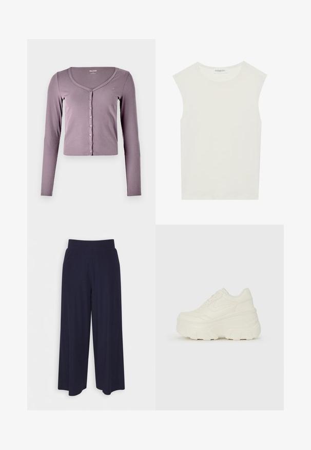 Εφαρμοστό, μακρυμάνικο cardigan από ανοιχτό μωβ ριπ ύφασμα. Διαθέτει V-λαιμόκοψη και έξι κουμπιά κατά μήκος του μπροστινού μέρους. Απλός σχεδιασμός και υφή.; Λευκή αμάνικη μπλούζα με στρογγυλή λαιμόκοψη. Φτιαγμένη από απαλό ύφασμα, διαθέτει χαλαρή εφαρμογή και μινιμαλιστικό σχέδιο. Χωρίς μοτίβα ή αξεσουάρ.; Πλατιά παντελόνια σε σκούρο ναυτικό ύφασμα με ριχτή υφή. Διαθέτουν ένα λείο ζωνάκι και ρέουσα σιλουέτα, φτάνοντας στο μήκος του μέσου μοσχαριού.; Λευκά αθλητικά παπούτσια με πλατφόρμα, διαθέτουν λείο επάνω μέρος που μοιάζει με δέρμα, στρογγυλή σιλουέτα, επενδυμένο κολάρο και υφασμένο καουτσούκ σόλα με καθορισμένα μοτίβα.