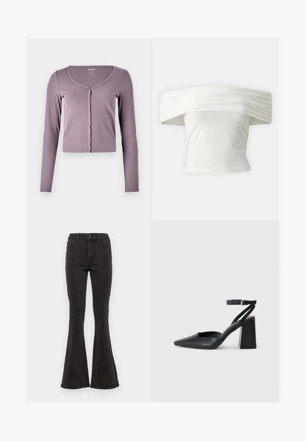 Kitsa, pikad varrukad ja helelillas riidega kardigan. Omab V-kaelust ja kuut nööpkinnitust ees. Lihtne disain ja tekstuur.; Õlavarrelt avatud valge topp, millel on volditud, struktureeritud kaelus ja istuv bodi. Valmistatud pehmest kangast, millel on sile tekstuur.; Mustad denimist laiad püksid kõrge vöökohaga, külgõmblustega ja puhta viimistlusega hemperites. Kanga pind on sile ja kerge venivusega.; Mustmustest must-käigukingad, millel on konksuga nöör ja paks konts. Ühtlane tekstuur, stiilne disain ja minimalistlik esteetika.
