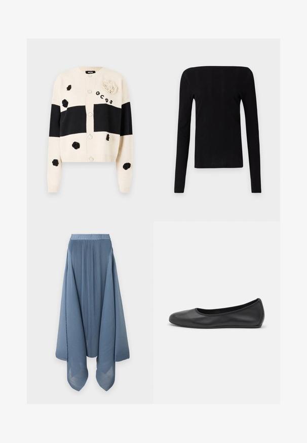 Knitted cardigan in cream and black. Features round, white buttons, decorative flower appliqués, and horizontal striped pattern.; Black long-sleeve top with a straight neckline and ribbed texture, featuring a fitted silhouette and no visible hardware or accents.; Henrik Vibskov Pleated skirt - blue; Black leather ballet flat with a rounded toe, smooth texture, minimal stitching detail, and a flexible sole design.