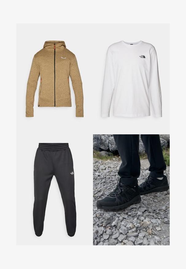Bruine fleece hoodie met een volledige ritssluiting, twee zijzakken en een verstelbare capuchon. Voorzien van contrasterende oranje rits trektouwen en een logo.; Witte lange mouwen T-shirt gemaakt van katoen met een ronde hals. Beschikt over een klein zwart logo op de borst. Soepele textuur, normale pasvorm.; Zwarte sweatpants met een trekkoord in de taille, tapered fit, elastische boorden en een klein wit logo op de linker dij, gemaakt van gladde stof.; Zwarte buitenschoenen van mesh en synthetisch materiaal, met een gestructureerd bovenwerk, een beveiligd vetersysteem en een robuuste zool, op een ruig terrein.