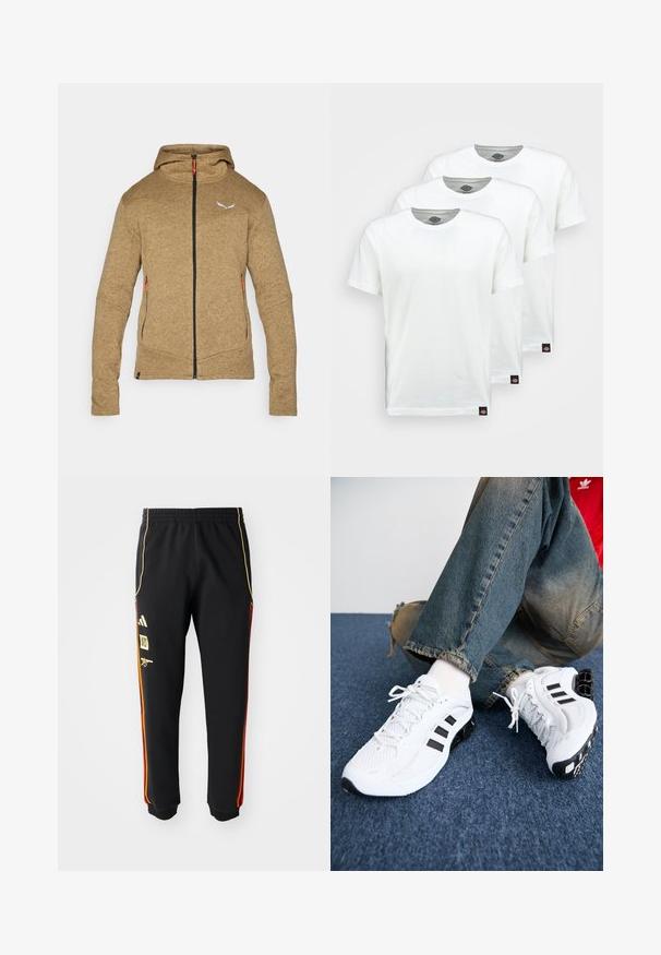 Bruine fleece hoodie met een volledige ritssluiting, twee zijzakken en een verstelbare capuchon. Voorzien van contrasterende oranje rits trektouwen en een logo.; Drie eenvoudige witte katoenen T-shirts met korte mouwen. Elk shirt heeft een ronde halslijn en een klein zwart logo-label aan de linkerkant.; Zwarte sportbroek met elastische taille, gouden en rode zijstrepen, en gele logo's op de linker bovenbeen.; Witte mesh sport schoenen met zwarte accenten, voorzien van een textuurontwerp en een onderscheidende zool, gecombineerd met blauwe spijkerbroeken.