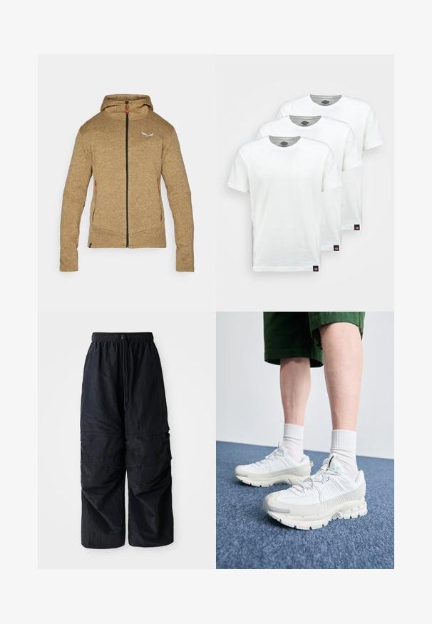 Sweatshirt de polar castanho com fecho de correr de comprimento total, dois bolsos laterais e capuz ajustável. Apresenta puxadores de zíper em laranja contrastante e um logótipo.; Três t-shirts de algodão brancas simples com mangas curtas. Cada t-shirt possui uma gola redonda e uma pequena etiqueta de logotipo preta no lado esquerdo.; Calças de cargo leves em nylon preto, com cintura elástica, cordão ajustável e múltiplos bolsos em camadas nas pernas.; Sapatos atléticos brancos com sobreposições texturizadas, sola espessa e detalhes em cinza. Usados com meias brancas até ao tornozelo e calções verdes sobre uma superfície azul.