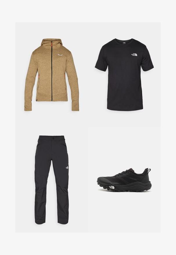 Brun fleece hættejakke med lang lynlås, to sidelommer og justerbar hætte. Har kontrasterende orange lynlås-træk og et logo.; Sort kortærmet t-shirt lavet af bomuld, med rund halsudskæring og et lille hvidt logo på den øverste venstre brystområde.; Sorte udendørs bukser med lynlåslomme foran, syntetisk materiale, tætsiddende ben og forstærkede knæpaneler. Har en knaplukning.; Sort trail løbesko med en struktureret overdel, gummisål og forstærket tåhætte. Har en polstret krave og en pull-tab til nem påtagning.