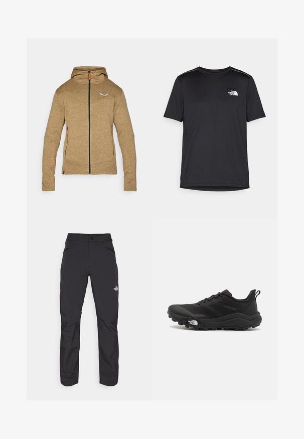 Hnedá fľašková mikina s plným zipsom, dvoma bočnými vreckami a nastaviteľnou kapucňou. Obsahuje kontrastné oranžové ťaháky na zips a logo.; Čierne tričko s krátkym rukávom vyrobené z ľahkej tkaniny. Obsahuje malé biele logo na ľavej hrudi a jemné akcenty na pleciach.; Čierne vonkajšie nohavice so zipsovým predným vreckom, vyrobené z syntetického materiálu, zúžené nohy a vy reforcované panely kolien. Obsahujú zapínanie na gombík.; Čierne trailové behacie topánky s štruktúrovaným zvrškom, gumovou podrážkou a vystuženou špičkou. Obsahuje polstrovaný golier a úchyt na jednoduché obúvanie.