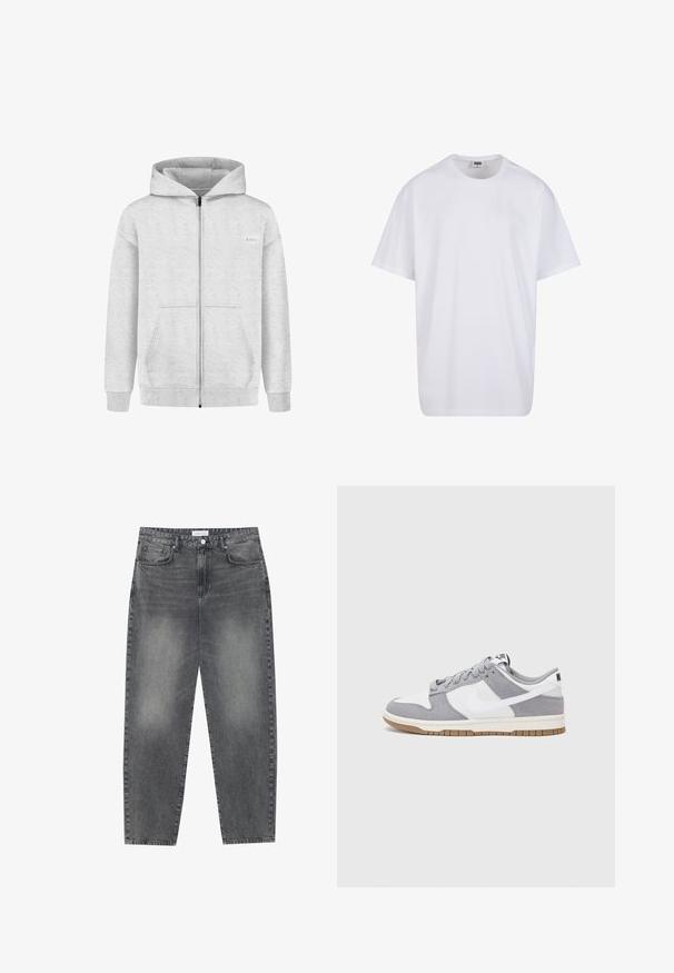 Šedá mikina na zip vyrobená z měkké tkaniny, která má přední zip, dvě boční kapsy a pružné manžety a lem. Malá logo nášivka na prsou.; Bílé triko z bavlny s krátkým rukávem, kulatým výstřihem, volným střihem a bez viditelných log či vzorů. Hladká textura a minimalistický design.; Kalhoty s vysokým pasem, volného střihu, vyrobené z vybledlého černého denimu. Mají pět kapes, poutka na opasek a čistý, rovný střih nohavic.; Šedé a bílé tenisky s svrškem z jemné kůže a kůže, kulatou špičkou, plochými tkaničkami a gumovou podrážkou s akcentem v barvě gumy.