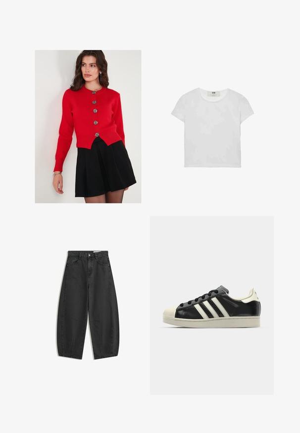 Czerwony kardigan z długimi rękawami, okrągłym dekoltem i ozdobnymi srebrnymi guzikami w kształcie róży. W zestawie z czarną plisowaną spódnicą. Gładka faktura.; Biała koszulka z krótkim rękawem i okrągłym dekoltem, wykonana z miękkiej bawełny, charakteryzująca się prostym, czystym wzorem bez widocznych zdobień ani akcentów.; Czarne jeansy o szerokich nogawkach z wysokim stanem, z kieszeniami z przodu, szlufkami na pasek i zapięciem na guzik, wyeksponowane na płasko na białym tle.; Czarne skórzane trampki z białymi paskami, gumowym czubkiem, czarnymi sznurówkami i kremową podeszwą. Gładka faktura z połyskującym wykończeniem.
