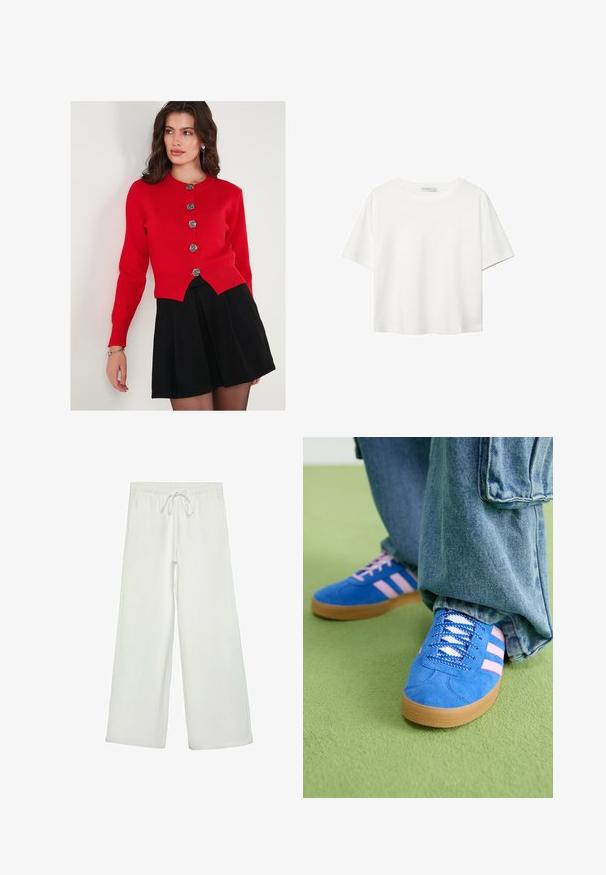 Červený cardigan s dlhými rukávmi, okrúhlym výstrihom a dekoratívnymi striebornými gombíkmi v tvare ruže. Kombinovaný s čiernou plisovanou sukňou. Hladká textura.; Biela krátkopsová tričko vyrobené z bavlny. Má okrúhly výstrih a voľný strih. Hladká textúra bez viditeľných vzorov alebo akcentov.; Biele nohavice s širokými nohavicami vyrobené z mäkkej tkaniny. Majú elastický pás s šnúrkou a hladký povrch. Žiadne viditeľné vzory ani kovania.; Modré semišové topánky s ružovými pruhmi a bielymi šnúrkami, s gumenou podrážkou, skombinované s voľnými džínsami na zelenej ploche.