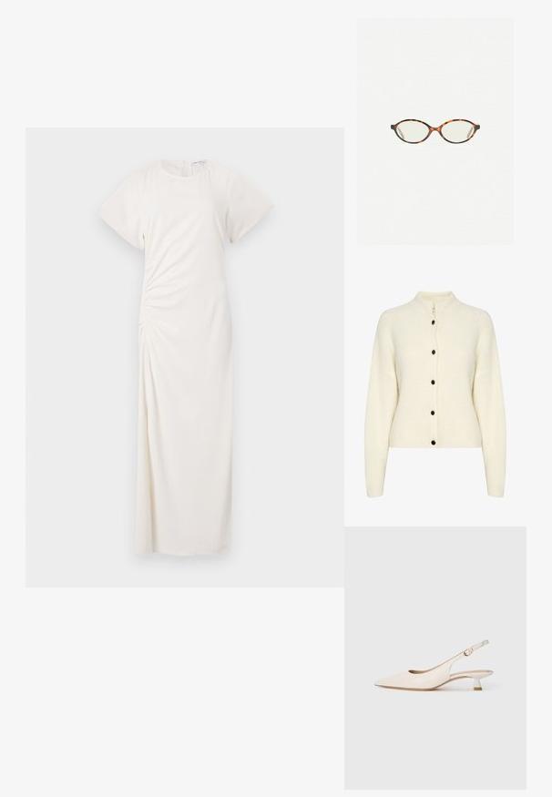 Krémový pletený sveter s vysokým golierom, ktorý má šesť čiernych gombíkov po celej dĺžke a textúrovaný vzor na látke.; Biele šaty s krátkymi rukávmi, okrúhlym výstrihom a detailom na bočnom riasení; hladká tkanina s dĺžkou po zem.; Krémová lodička s špicatou špičkou a nízkým jemným podpätkom so zlatou sponou na jednoduchom bielom pozadí.; Korytnačkové okuliare s oválnymi šošovkami a hladkým, lesklým povrchom. Majú tenké strany s jemným zakrivením na spánkoch. Priehľadné šošovky.