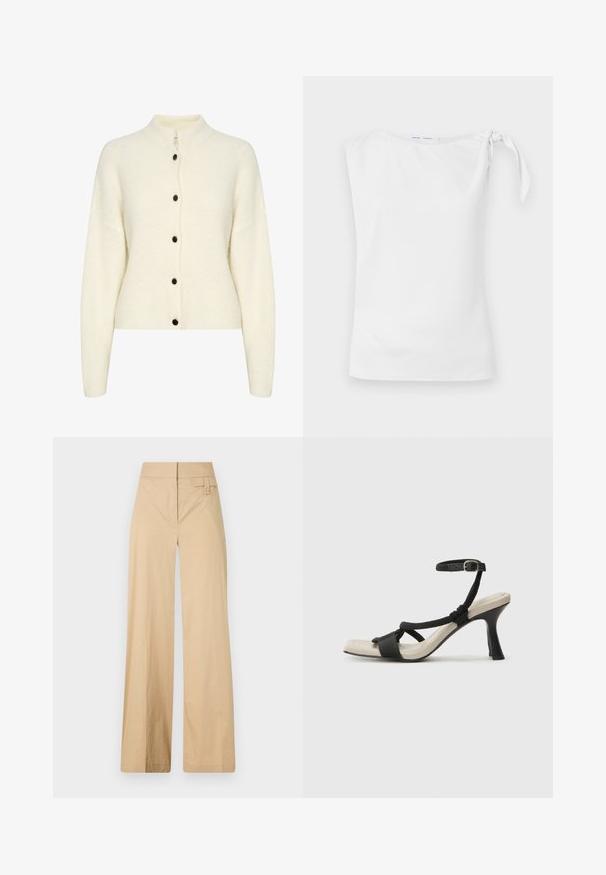 Krémový pletený sveter s vysokým golierom, ktorý má šesť čiernych gombíkov po celej dĺžke a textúrovaný vzor na látke.; Biely top bez rukávov s asymetrickým dekoltom a viazaním na ľavom ramene, vyrobený z hladkej, ľahkej textílie.; Bežové nohavice so širokými nohavicami vyrobené z kombinácie bavlny. Majú hladkú textúru, elastický pás a detail s bočnými gombíkmi.; Čierne sandále na podpätku s pleteným pásikom, štvorcovou špičkou a nastaviteľným remienkom okolo členka. Svetlobéžová stielka s lesklým čiernym podpätkom.