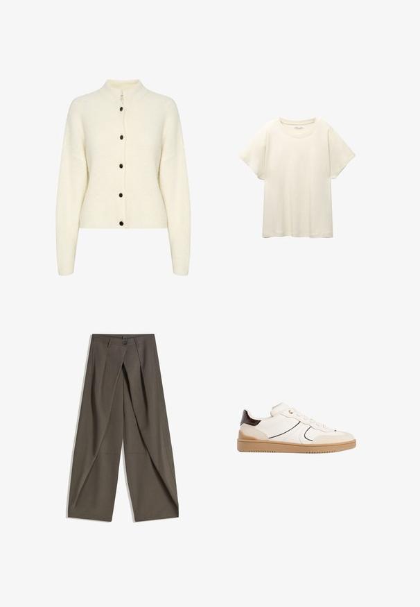 Kremowy sweter z dzianiny z wysokim kołnierzem, z sześcioma czarnymi guzikami z przodu i strukturalnym wzorem na tkaninie.; Jasno beżowa, krótko rękawowa koszulka z okrągłym dekoltem, wykonana z miękkiego, gładkiego materiału. Posiada luźny krój i prosty dół.; Spodnie o szerokich nogawkach wykonane z teksturowanej, ciemnoszarej tkaniny. Posiadają fałdy z przodu, zapięcie na guzik oraz boczne kieszenie dla wygody.; Stradivarius - Sneakersy niskie