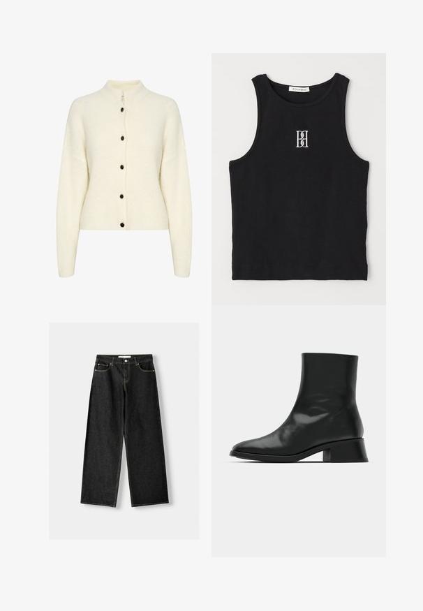 Krém színű kötött kardigán magas gallérral, elöl hat fekete gombbal, és a szöveten texturált minta található.; Fekete bordás trikó kerek nyakkivágással és fehér hímzett logóval. Az anyag sima tapintású, testhezálló formával.; Fekete farmer széles szárú nadrág, öt zsebbel, fémből készült gombbal és cipzárral, valamint kontrasztos sárga varrással az illesztéseknél.; Fekete bokacsizma fényes bőrből, karcsú dizájnnal, hegyes orral és mérsékelt tömbsarkal a stabilitás érdekében.