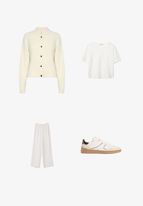 Kremowy sweter z dzianiny z wysokim kołnierzem, z sześcioma czarnymi guzikami z przodu i strukturalnym wzorem na tkaninie.; Biała koszulka z krótkim rękawem, wykonana z bawełny. Posiada okrągły dekolt i luźny krój. Gładka faktura bez widocznych wzorów czy akcentów.; Białe spodnie o szerokich nogawkach wykonane z lekkiego materiału. Posiadają elastyczny pas z sznurkiem i boczne kieszenie. Gładka tekstura.; Stradivarius - Sneakersy niskie