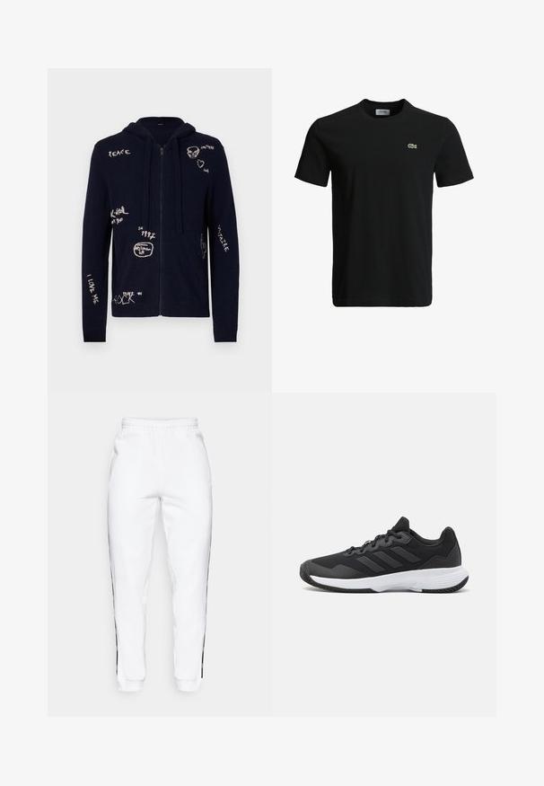 Marineblaue Zip-Hoodie aus weichem Stoff, mit verschiedenen gestickten Nachrichten und Designs, darunter Akzente mit Totenkopf und Kaktus.; Schwarzes Baumwoll-T-Shirt mit Rundhalsausschnitt, kurzen Ärmeln und einem kleinen grünen Krokodil-Logo auf der linken Brust. Glatte Textur, lässiges Design.; Weiße Jogginghose mit elastischem Bund, versehen mit schwarzen Streifen an den Seiten und Bündchen. Hergestellt aus weichem Stoff mit glatter Textur.; Schwarzer Sportschuh mit strukturiertem Obermaterial, drei horizontalen Streifen und einer weißen Sohle mit einem gemusterten Profil. Leicht und schlank im Design.