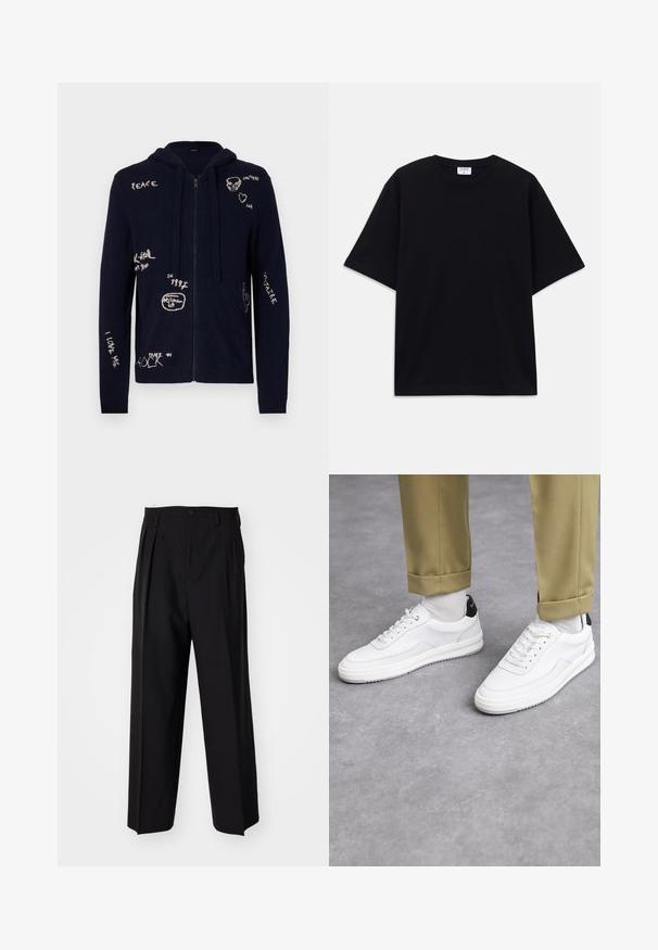 Granatowy hoodie na zamek, wykonany z miękkiego materiału, z różnymi wyszywanymi napisami i wzorami, w tym akcentami czaszki i kaktusa.; Czarny, krótki rękaw, oversize'owy T-shirt z okrągłym dekoltem i widoczną metką marki Filippa K wewnątrz kołnierza.; Czarne plisowane spodnie o prostym, szerokim kroju nogawek. Wykonane z gładkiego materiału, z zapięciem na guzik i pętelkami na pasek.; Białe sneakersy z fakturowaną skórzaną wykończeniem, okrągłym noskiem i czarnym akcentem na pięcie. Gumowa podeszwa z małym wzorem bieżnika i przeszyciem.