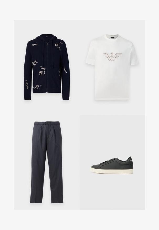 Tamsiai mėlynas užtrauktukas megztinis, pagamintas iš švelnios medžiagos, su įvairiais siuviniais ir raštais, įskaitant kaukolės ir kaktuso akcentus.; Balta medvilninė marškinė su trumpomis rankovėmis ir apvaliu iškirpimu. Savybėje yra centrinis logotipo dizainas rožių ir rudos spalvos atspalviuose.; Tamsiai mėlynos kelnės, pagamintos iš švelnios medžiagos, su klostėtu priekiu ir elastingu juosmeniu. Yra mygtuko užtrauktukas ir tiesios išklikimo pjūvis.; Juodos odinės sportinės bateliai su žemu profiliu, apvaliu pirštu ir raištelių uždarymu; turi tekstūruotą guminį padą ir logotipo detalę ant kulno.