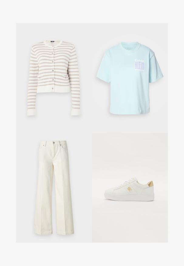 Krämfärgad och beige randig cardigan med rund halsringning, fickor fram och knappstängning. Stickad textur med ribbade ärmslut och nederkant.; Ljusblå bomullströja med rund hals och korta ärmar. Har en grafisk design med "Calvin Klein" i lila på framsidan.; Vida vida vita vita vida vita vida vita vita vida vita vitala vita.; Vita lädersneakers med en slät textur, vita snören, guldaccent på hälen och en subtil logotyp på sidan. Platt gummisula.