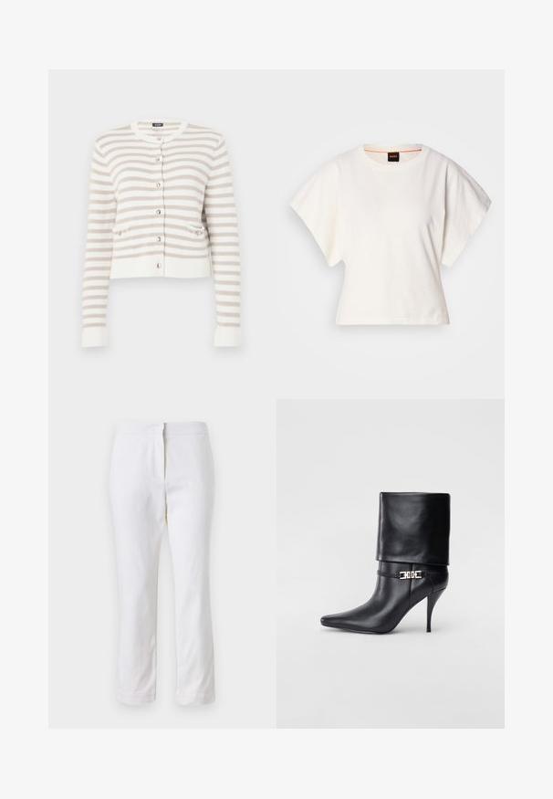 Cardigã listrado em creme e bege com decote redondo, bolsos frontais e fecho com botões. Textura malhada com punhos e bainha canelados.; T-shirt branco cropped, mangas curtas e largas, material de algodão suave, decote redondo com um discreto acabamento laranja, design minimalista, sem padrões ou gráficos.; Calças de algodão brancas com um design de perna reta, apresentando uma cintura de altura média e sem hardware ou padrões visíveis. Textura suave por toda a peça.; Bota de tornozelo em couro preto com bico fino, alto salto stiletto, punho dobrado e detalhe decorativo em fivela dourada no tornozelo.