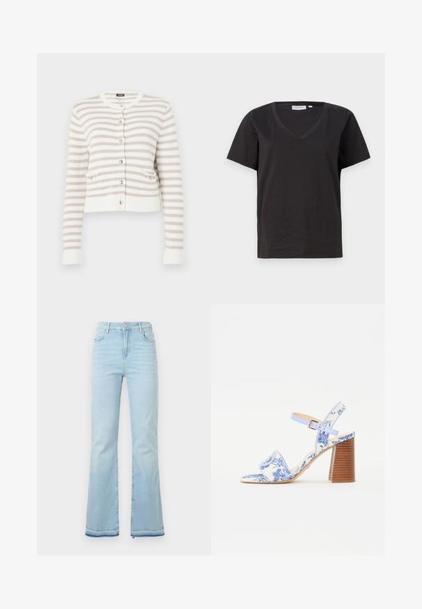 Krem- og beige stripete cardigan med rund hals, frontlommer og knappeåpning. Strikket tekstur med ribbestrikkede mansjetter og nederkant.; Svart bomull T-skjorte med V-hals og korte ermer. Enkel design med vanlig passform og uten mønstre eller detaljer.; Lyseblå flagrende jeans laget av denim, med høy midje, frontlommer og rå kant ved mansjettene for et uformelt utseende.; Blå blomstermønstret sandal med firkantet tå, bred stropp og justerbar ankelstropp, med en teksturert treblokkhelt.