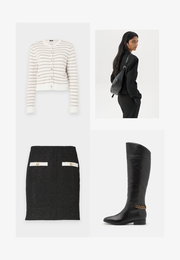 Krémszínű és bézs csíkos kardigán kerek nyakkivágással, elülső zsebekkel és gombos zárással. Kötött textúra bordázott mandzsettákkal és aljjal.; Fehér ujjatlan trikó ribbed anyagból, lekerekített nyakkivágással és testhez simuló siluettel, minimális varrásokkal és díszítések nélkül.; Fekete tweed szoknya textúrált anyagból, testhez álló fazonnal. Két fehér zsebfedél aranyszínű gombokkal díszítve.; Magas fekete bőrcsizma áramvonalas dizájnnal, hegyes orral és arany lánc díszítéssel a bokán. Alacsony, tömbsarkú. Sima felület.; Hosszú, sötét hajú nő fekete öltönyben, fekete bőrtáskával a vállán, a vállán át néz a fehér háttér előtt.