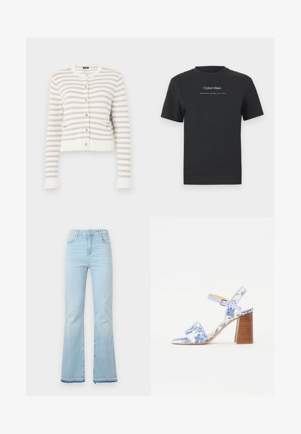 Kreminė ir smėlio spalvos juostuota megztinis su apvaliu iškirpimu, priekinėmis kišenėmis ir sagčių uždarymu. Megztas tekstūras su subtiliai plonais rankovės ir apdailos kraštais.; Juodas medvilninis marškinėliai su apvaliu kaklu, trumpomis rankovėmis ir baltu spausdintu "Calvin Klein" logotipu bei tekstu "Įkurtas 1968".; Šviesiai mėlyni, platėjantys džinsai pagaminti iš denimo, su aukštu juosmeniu, priekinėmis kišenėmis ir nelygiais apačiais, suteikiančiais kasdišką išvaizdą.; Mėlynos gėlėtos šlepetės su kvadratiniu pirštu, plačia juostele ir reguliuojama kulkšniai, turi struktūruotą medinį blokinį kulną.