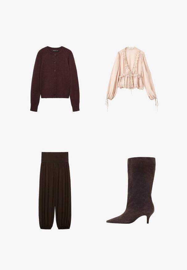 Cardigan lavorato a maglia bordeaux con scollo rotondo, maniche lunghe a raglan e bottoni frontali. Presenta polsini e orlo a coste.; Blusa rosa pallido con maniche lunghe, scollatura arricciata, vita con cordoncino e bordo in pizzo ai polsini e all'orlo. Tessuto leggero e con trama.; Pantaloni marroni a pieghe con una ampia cintura elastica. Il tessuto è leggero e texture, con orli arricciati ai polsini.; Stivale in suede marrone, con punta affusolata e tacco medio, caratterizzato da una texture liscia e un design elegante.
